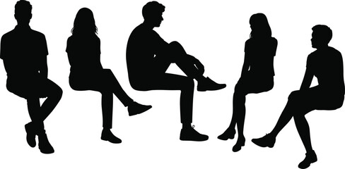 Silhouette people seated different postures casual conversation, human interaction body language social dynamics illustration concept flat vector design stock © MstFerdushe