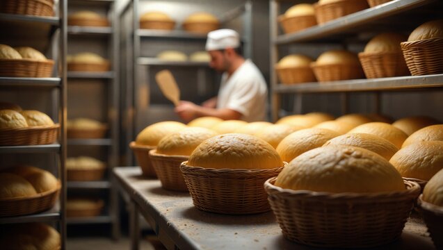 A baker in a white hat is working in a bakery filled with dough baskets ready for baking. Fresh bread preparation.