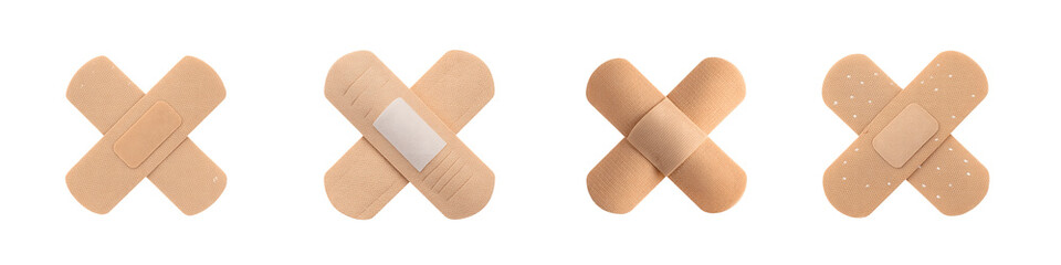 Collection for Four band aids crossed over each other isolated on transparent background
