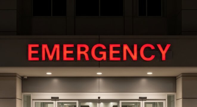 Ultra high resolution professional editorial photograph of a modern hospital emergency entrance at night with bold red EMERGENCY sign, clean glass doors, minimal architecture, and pristine quality
