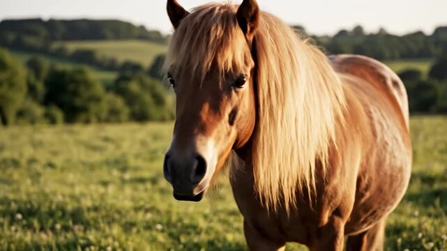 Brown horse with flowing mane in a grassy field