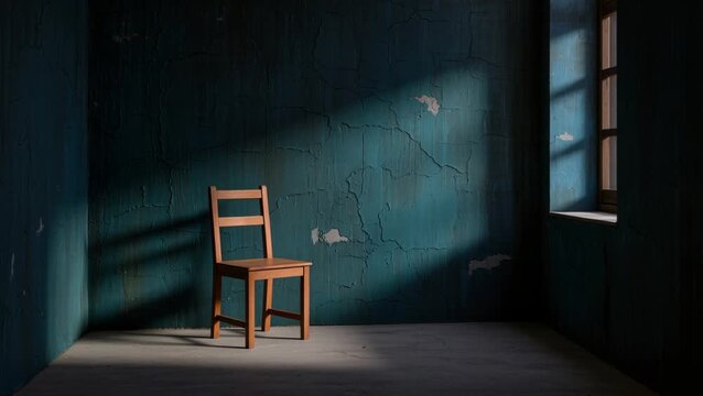 A lone wooden chair sits in a dark, moody room as light streams through a barred window, evoking solitude, confinement, introspection, and quiet psychological tension.