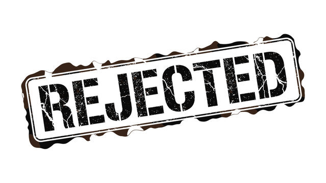 Rejected Stamp: A grunge stamp displays the stark word REJECTED, conveying a message of refusal, denial, or disapproval.