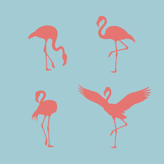 Obraz premium Pink Flamingo Silhouette Set in Different Poses Including Standing Walking and Flying Isolated on Light Blue Background for Tropical Summer Decor
