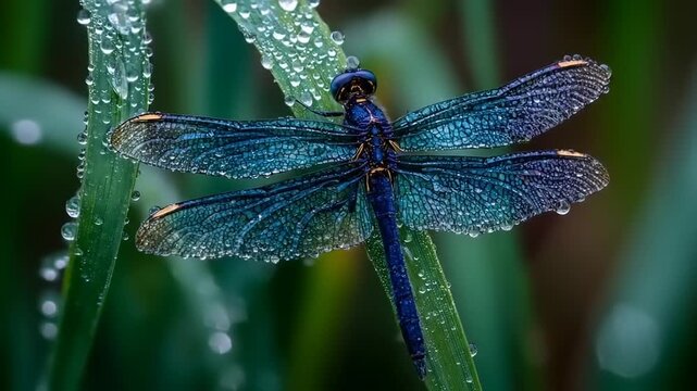 Close up of a dragonfly with delicate wings resting on green vegetation