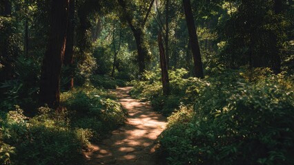 Fototapeta premium Sunlit Path Through Lush Green Forest