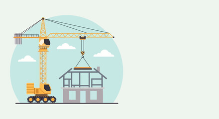 Fototapeta premium Construction Crane Lifting House Frame Building a New Home.