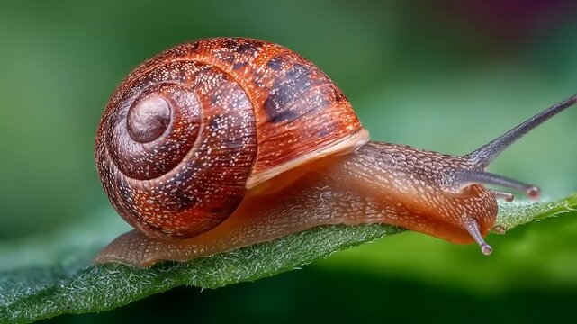 Close up of a snail crawling on a green leaf outdoors in natural light