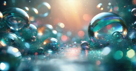 Fototapeta premium Abstract bubbles float, creating luminous tunnel. Soft light radiates, forming dreamy, ethereal scene. Reflections shimmer, adding depth.