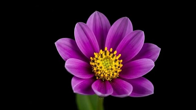 Close-up of a vibrant purple flower with a bright yellow center against a black background
