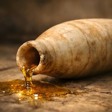 An alabaster vessel lies on the floor, oil is flowing out of it.