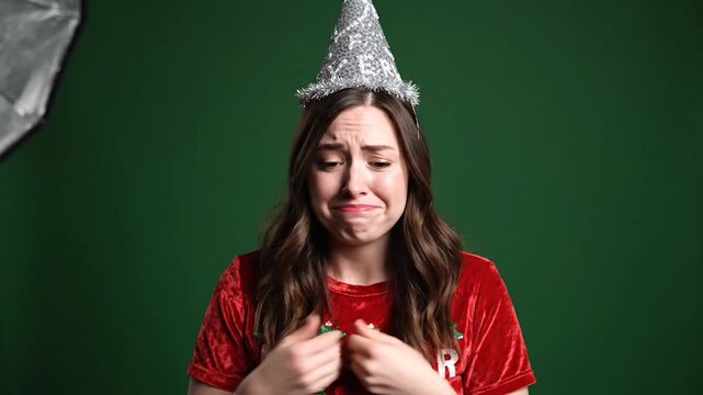 Confused woman in a festive hat and red shirt shrugs, her eyes wide