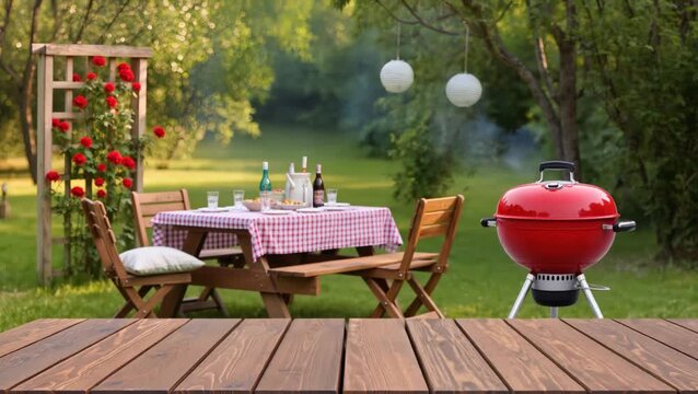 Sunlit backyard with a wooden table, red barbecue grill, and picnic setup, evoking relaxed summer gatherings, outdoor meals, and cheerful al fresco vibes.