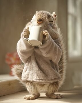 Una ardilla antropom&oacute;rfica disfruta de una taza de caf&eacute; en un ambiente acogedor.