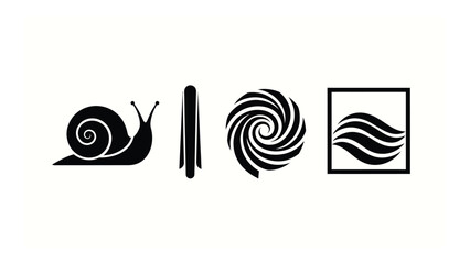 Four distinct black and white icons representing a snail, a needle, a whirlpool, and a square wave pattern Vector © MehediHasan