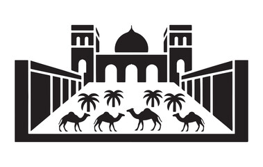 Naklejka premium Camels walking towards mosque in desert landscape illustration