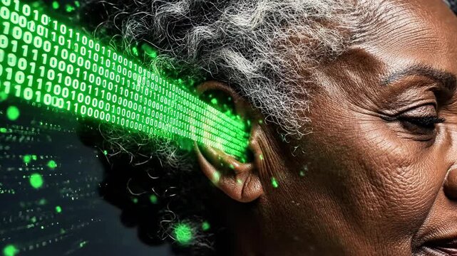 A close-up of a person's face with green binary code streaming out of their ear