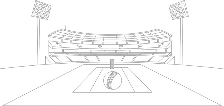 Black and white line art illustration depicts a grand cricket stadium setup featuring a pitch with stumps and a leather ball ready for competition under bright floodlights.