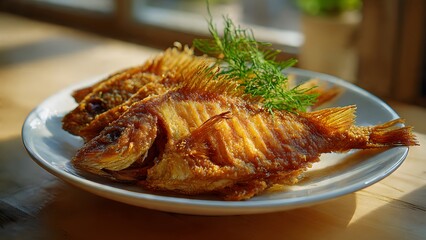 Realistic Food Photography of Crispy Fried Fish in Soft Window Lighting
