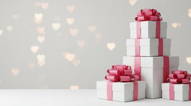 Stack of pink and white gift boxes with ribbons on heart-shaped bokeh background. Romantic Valentines Day presents for love celebration and surprises