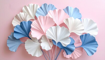 Obraz premium Delicate pastel paper fan leaves arranged artfully on a soft pink background.