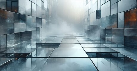 Obraz premium Futuristic corridor. Reflective surfaces create illusion, mist obscures distant view. Minimalist design, cool tones dominate space.