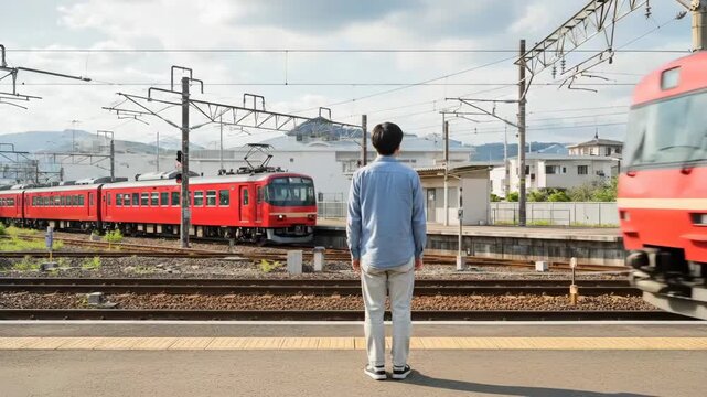Man standing on train platform facing a red train with multiple windows.