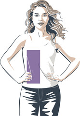 WebDetailed vector sketch illustration of a confident young woman wearing a white tank top with a striking purple vertical rectangular graphic, hands on hips, powerful pose, fashion, style.