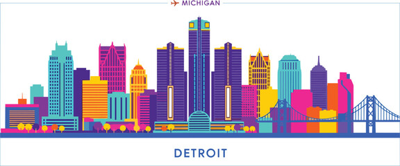 Fototapeta premium Detroit Michigan City Skyline Vector Illustration Featuring Renaissance Center and Ambassador Bridge in Vibrant Multicolored Flat Design for USA Travel Poster and Tourism Marketing