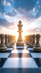 Low-angle shot of chess pieces on a board, with a king centered against a sunset-lit sky