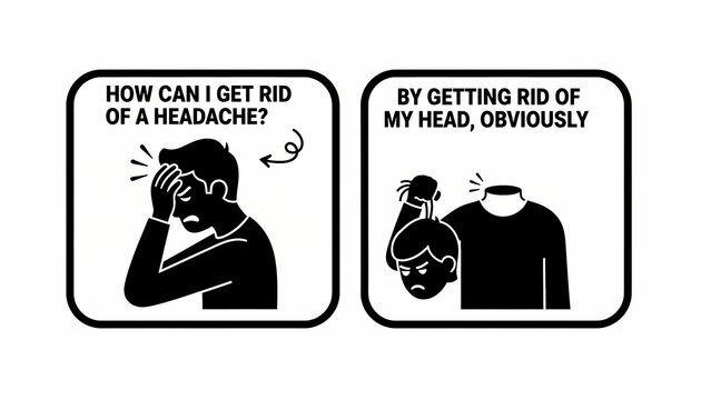 Sarcastic two-panel comic about curing a headache by removing the head, vector style.