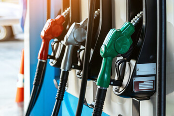 Petrol fuel nozzle for fuelling in petrol fuel station. Hand refilling car with fuel at gas...