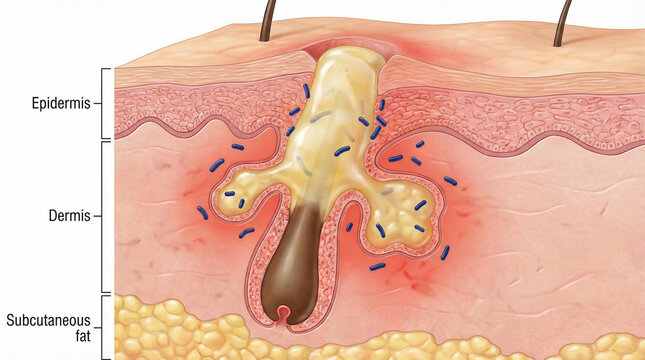 Illustration of a Pore Clogged With Sebum and Bacteria Causing Acne