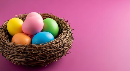 Fototapeta premium Vibrant Easter eggs nestled in a rustic twig nest against a bright pink backdrop, evoking spring, celebration, and festive joy.