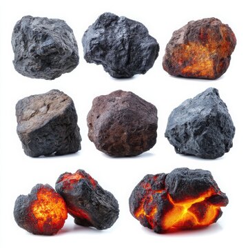 Collection of various types of coal and glowing embers on a white background