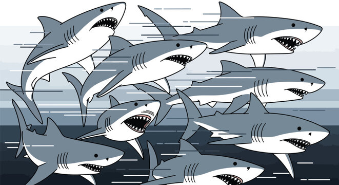 Group of aggressive cartoon great white sharks swimming quickly through the deep blue ocean water with motion lines emphasizing speed
