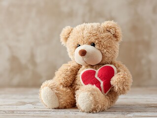 Obraz premium Sad teddy bear holding a broken plush heart. Symbolizing heartbreak, emotional trauma, loneliness, and the need for mental health support or healing.