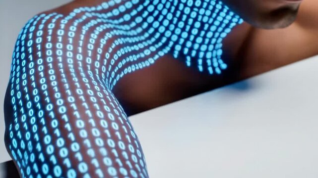 A person's arm covered with rows of glowing blue dots forming a futuristic pattern against a white background