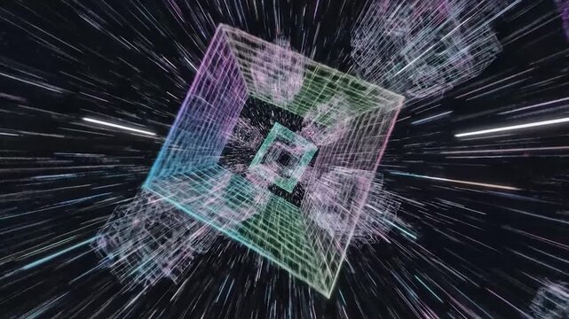 A wireframe cube zooms through a tunnel of light streaks