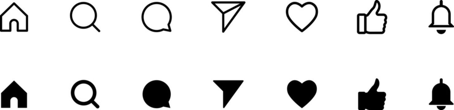 Like, love, thumbs up, comment, share, speech bubble, and arrow repost icon in line design solid & outline sign symbol. Social media icons set