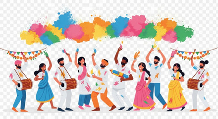 Fototapeta premium Diverse group of people celebrating Holi festival with colorful powder and music joyful outdoor event flat vector illustration for festive d