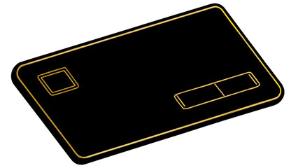 A black credit card with a gold border and chip and pin pad is angled on a white background on transparent background silhouette © sajida