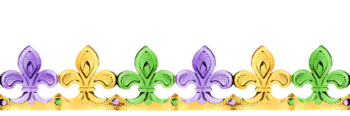 Golden paper Fleur-de-lis border in gold, purple and green, isolated on white or transparent background, Mardi Gras celebration header