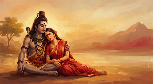 Lord Shiva and Goddess Parvati Oil Painting Canvas art.