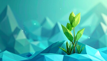 Low-poly plant grows on polygonal terrain. Mountains form backdrop. Blue & green colors, with soft light