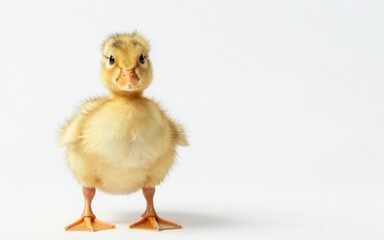 Adorable fluffy yellow duckling standing against a clean white background