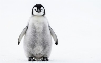 Adorable Emperor Penguin Chick Standing Alone in a Vast Snowy White Antarctic Landscape