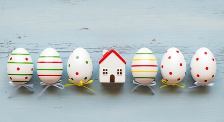Row of decorated Easter eggs and a miniature white house with red roof on a light blue distressed wooden background, for spring and home themes.
