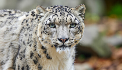 Naklejka premium Close-up portrait of a majestic snow leopard with striking blue eyes and a thick, patterned coat, looking directly at the camera with an intense gaze