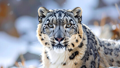 Obraz premium A captivating close-up portrait of a majestic snow leopard, its piercing eyes fixed forward, embodying the spirit of the elusive big cat in its frosty, snowy mountain home